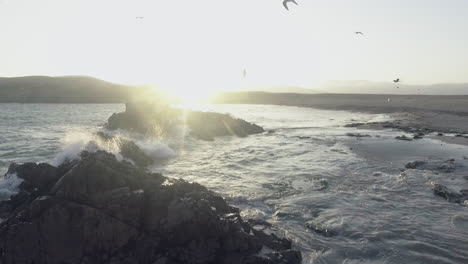 Increíble-Foto-De-La-Costa-De-Una-Playa-Durante-La-Puesta-De-Sol-Con-Gaviotas-Volando-Mientras-Las-Olas-Chocan-Contra-Las-Rocas-Y-El-Sol-Ilumina-El-Mar