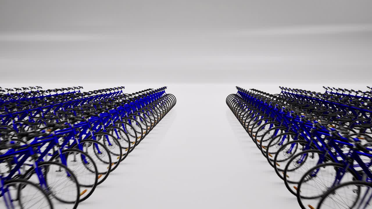 Rows of many blue 3D bicycles on white background, 3D animation, camera dolly backwards
