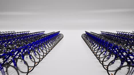 rows of many blue 3d bicycles on white background, 3d animation, camera dolly backwards