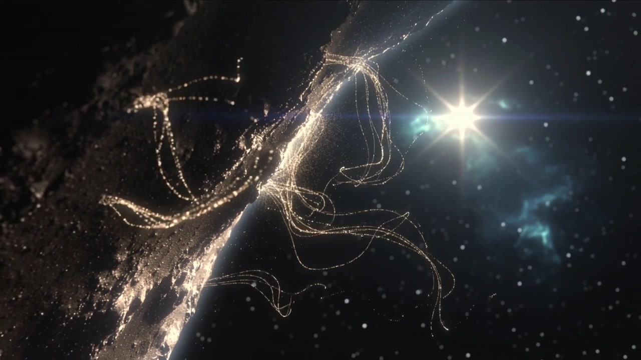 Illuminating planet limb producing gold ribbons flowing from terminator toward sun with lens flare