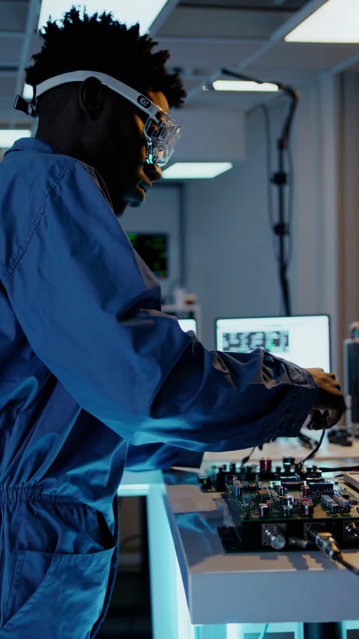 High-angle shot of a modern tech lab with computers and circuit boards, creating a futuristic video