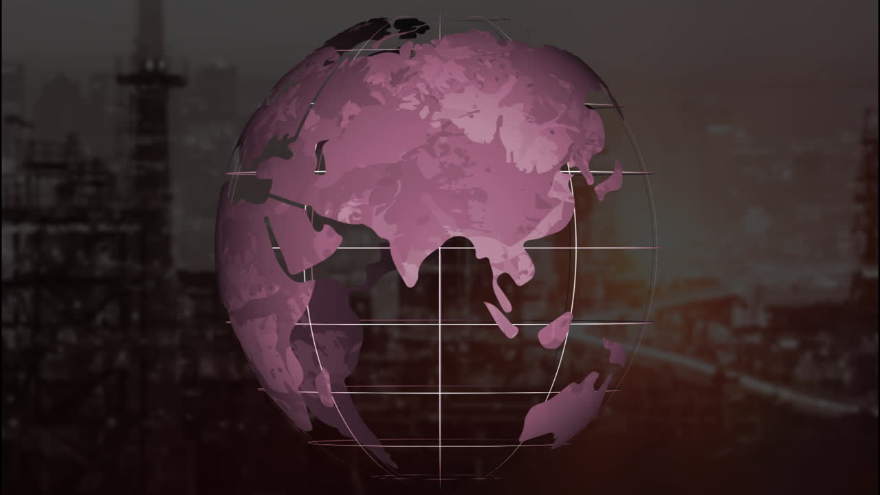 Animation of rotating globe with grid lines over industrial cityscape background