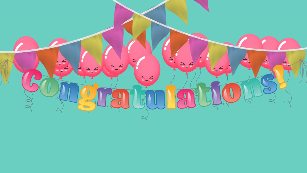 animación de texto de felicitaciones sobre globos de colores y banderas sobre fondo verde.