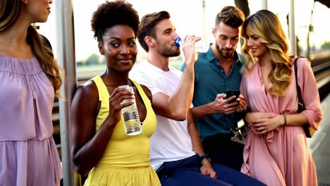 a group of diverse people wait on the train platform.