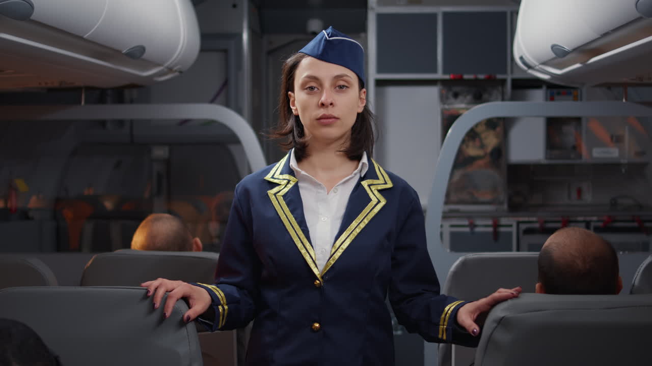 Portrait of woman stewardess in aviation uniform boarding people
