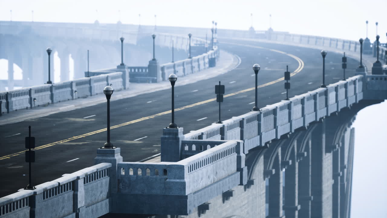 Foggy urban bridge with street lamps lighting the path ahead