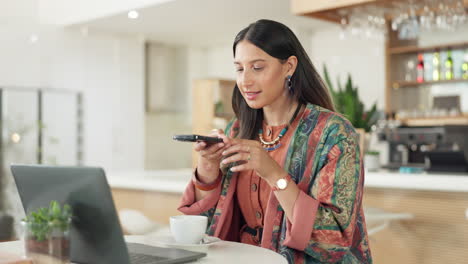 Phone,-photo-and-woman-in-office-with-laptop