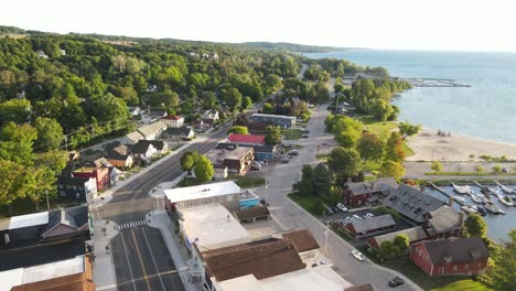 downton of suttons bay in michigan, iconic american town, aerial drone view