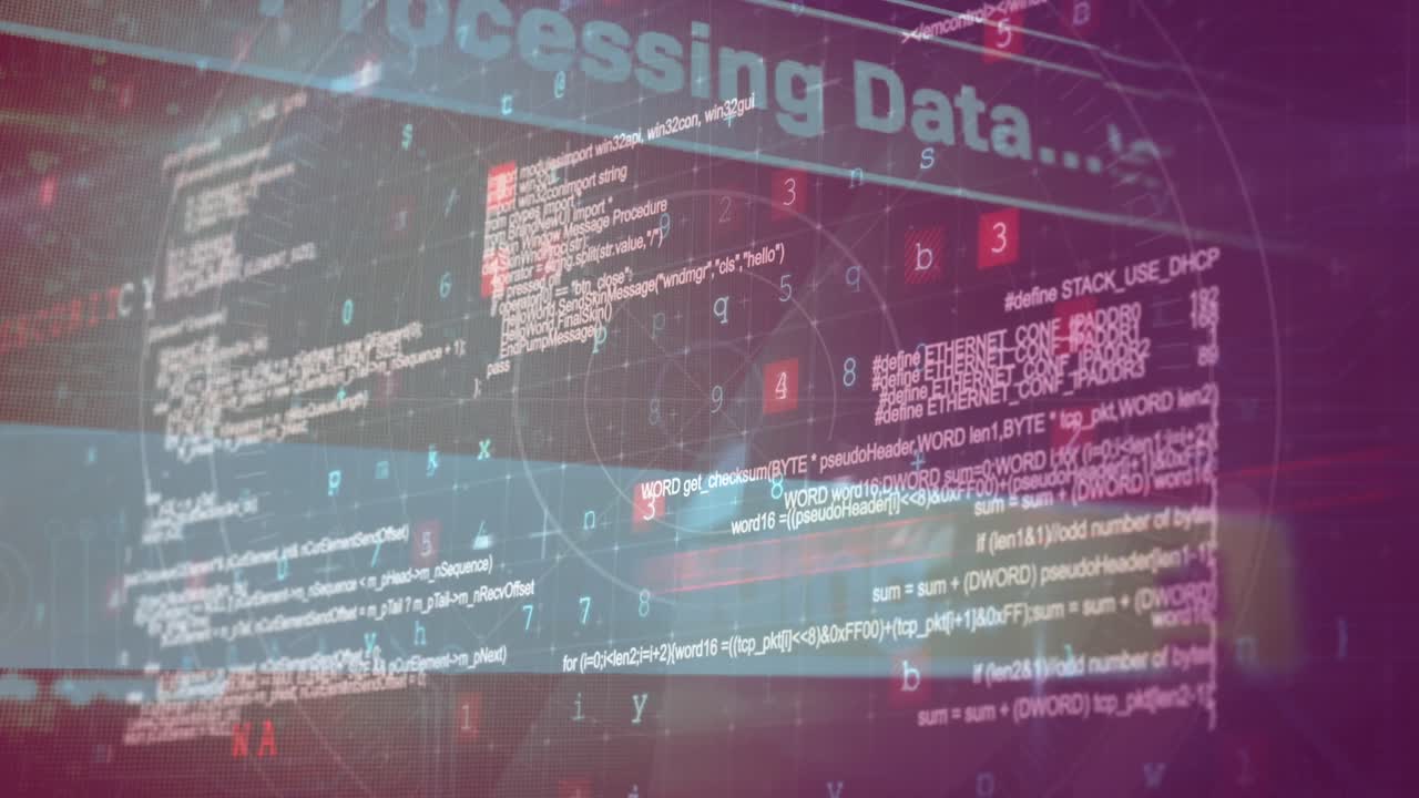 animación del lenguaje informático en múltiples textos, símbolos, letras, números contra el radar.