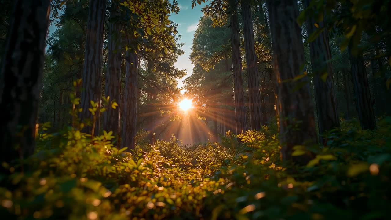 Streaming sun sinking and casting beams through dense woodland gap, lighting underbrush and trunks