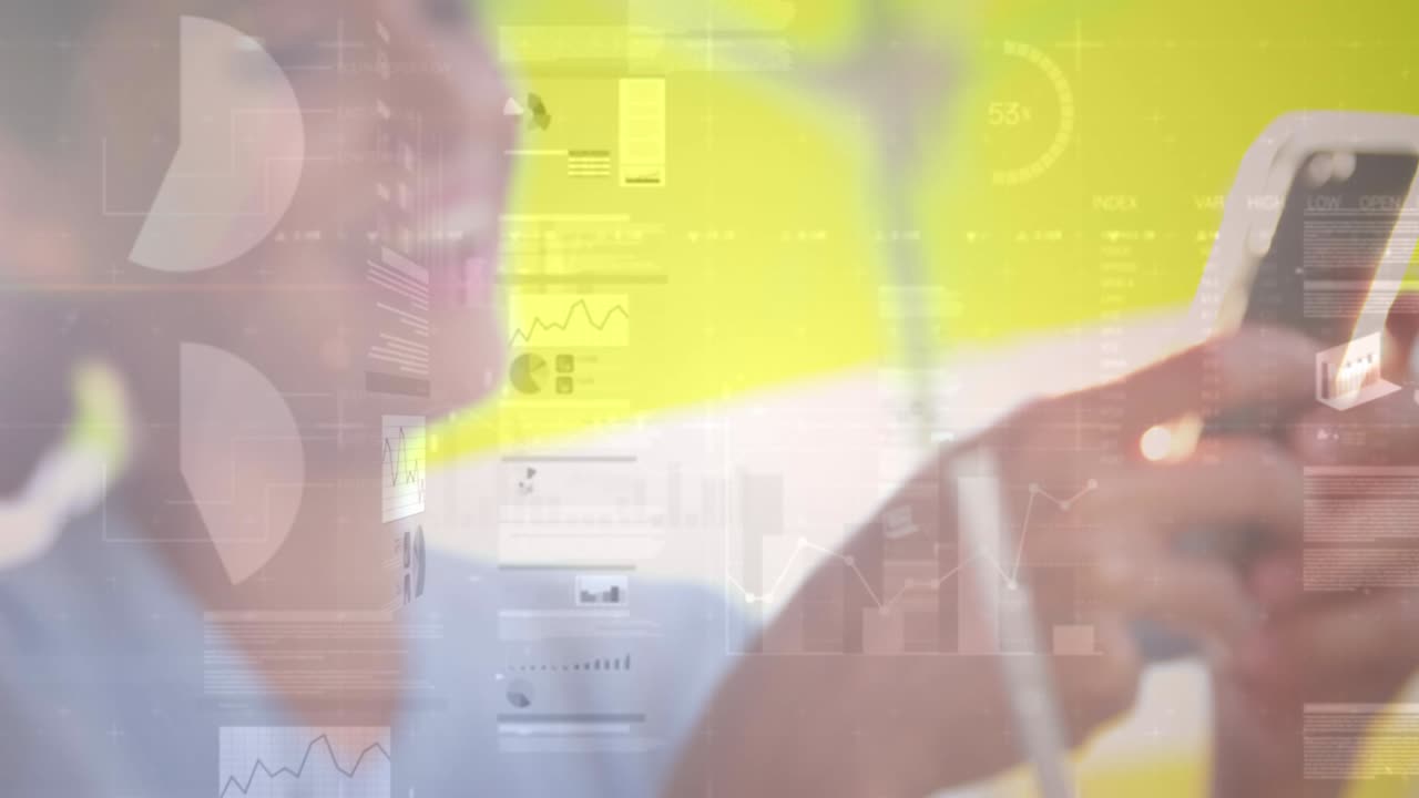 스마트 폰을 사용하는 사업가 여성에 대한 통계 및 데이터 처리 애니메이션