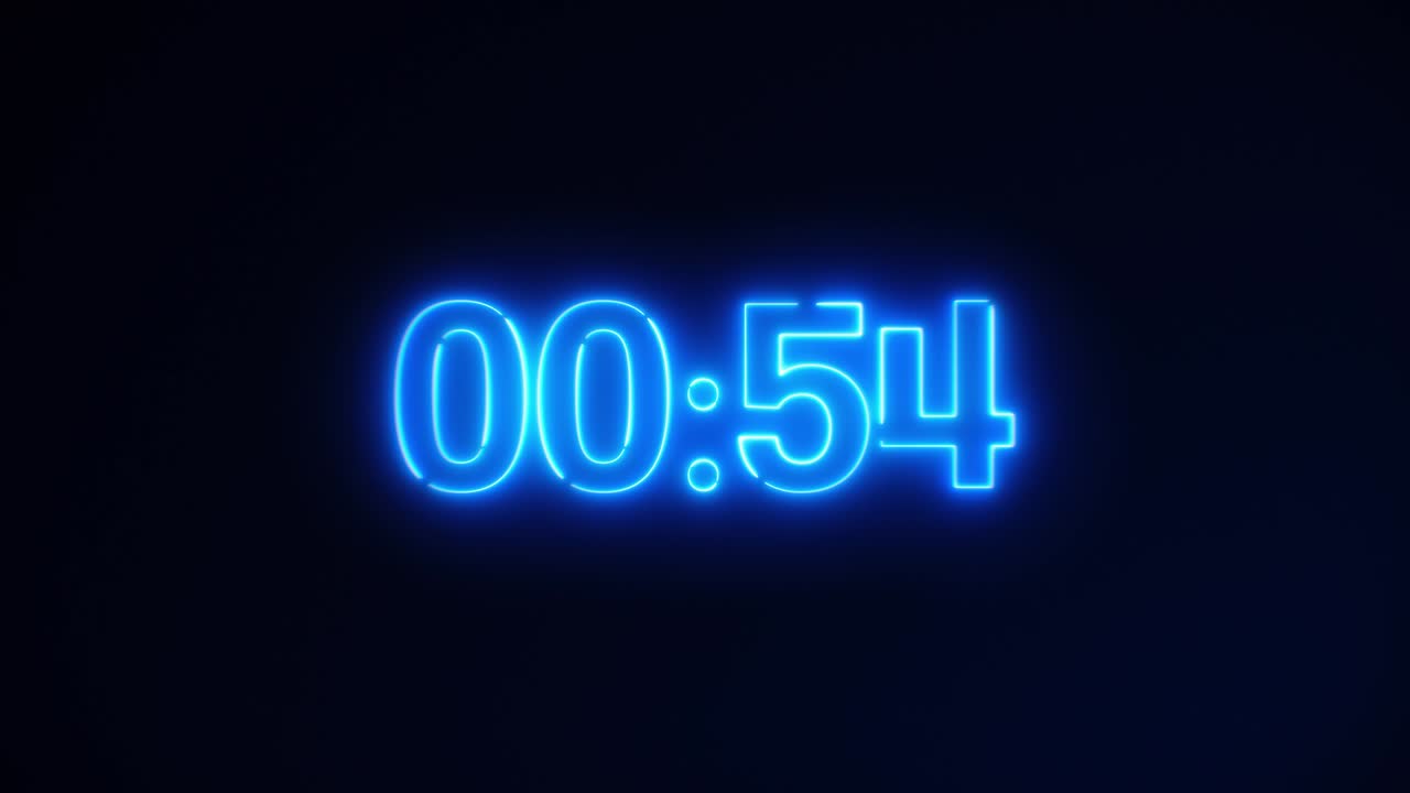Blue Neon Light 60 Seconds Countdown on black background. Running dynamic light. Timer from 60 to 0 seconds. 1 minute countdown. 30 or 10 seconds.