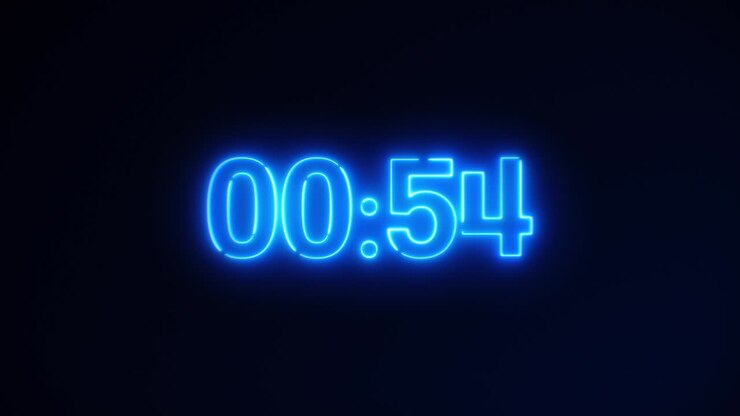 Blue Neon Light 60 Seconds Countdown on black background. Running dynamic light. Timer from 60 to 0 seconds. 1 minute countdown. 30 or 10 seconds.