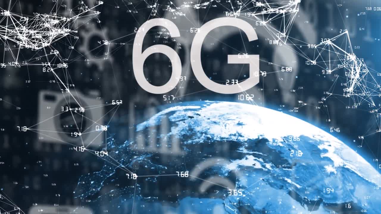 animación de 6g, red de conexiones, iconos tecnológicos y globo