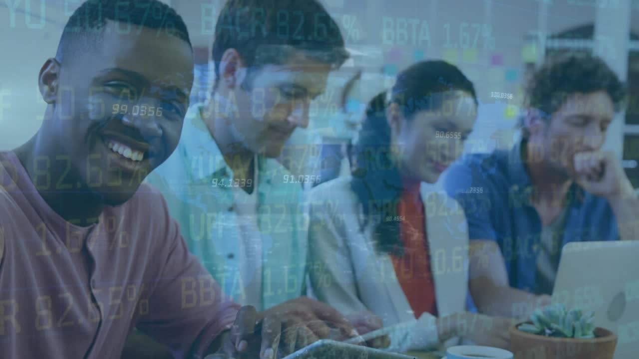 Animation of stock market data processing over african american man with digital tablet smiling