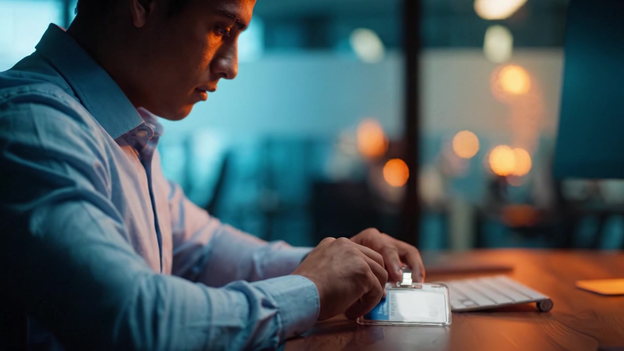 A Thoughtful Individual Engaged in Work at a Desk, Focusing on Tasks While Presenting an ID Badge, Emphasizing Professionalism in a Modern Workspace