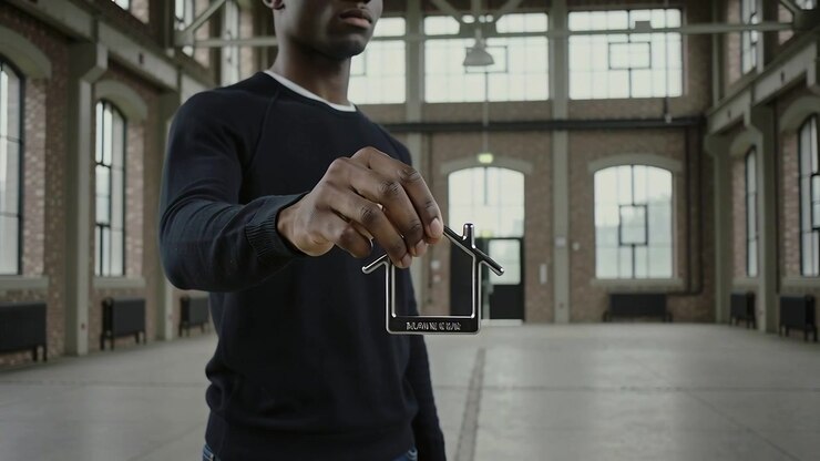 Camera pulling back, man in dark sweater rotating wrist, showing swinging metal house in brick hall