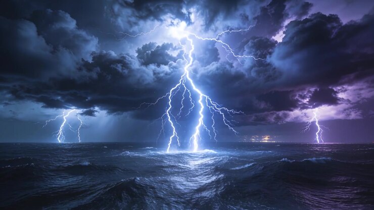 Un fulmine centrale lampeggiante che parte dalle nuvole, intensificandosi in due canali gemelli che toccano l'oceano di notte.