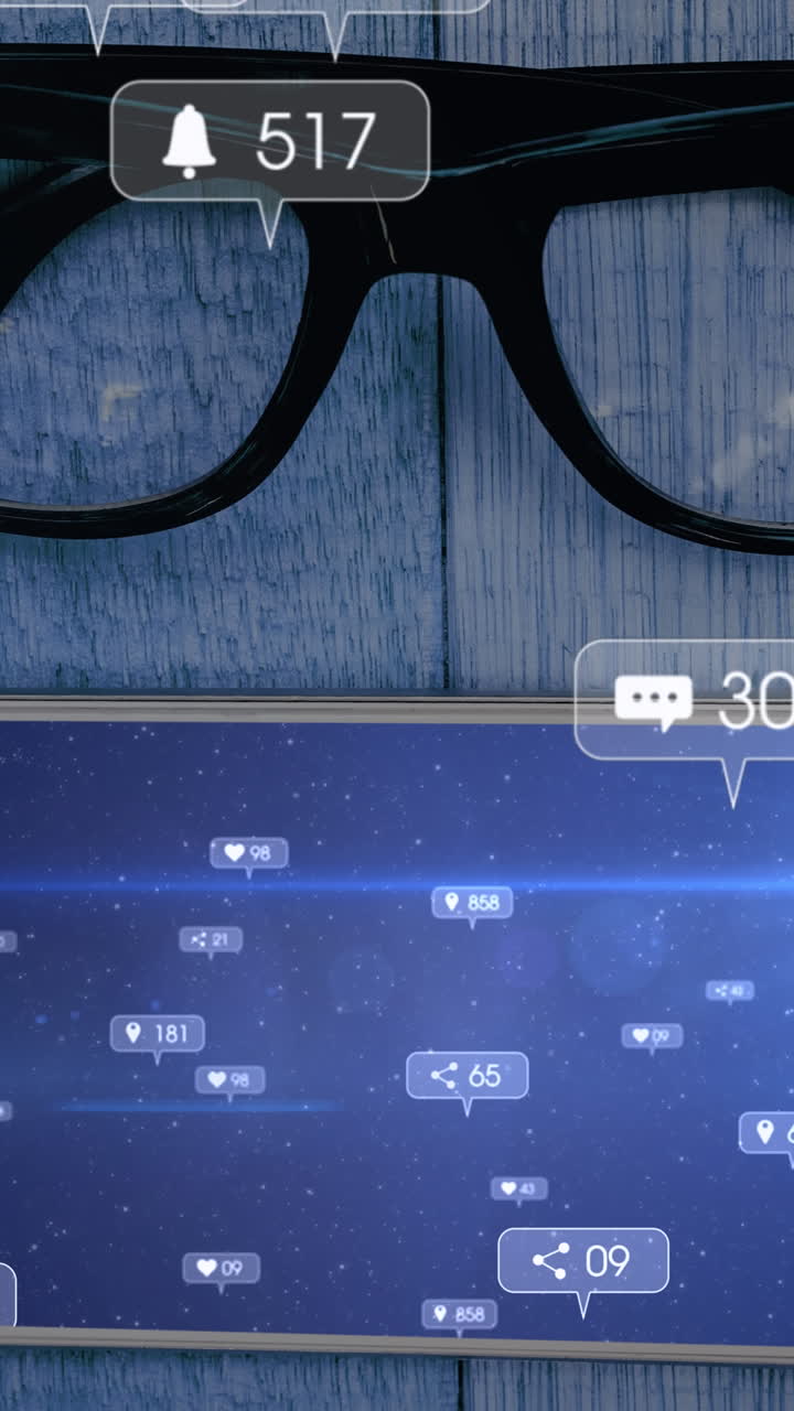 animación de iconos y números de redes sociales a través de teléfonos inteligentes y gafas
