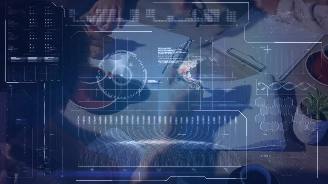 사무실에서 걸어다니는 사업가들에 대한 금융 데이터 처리 애니메이션