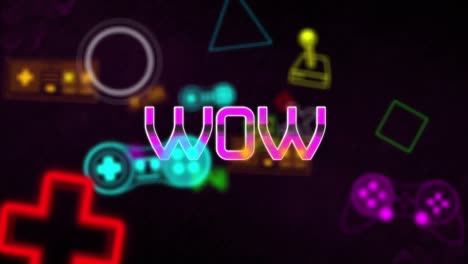 Animation-Eines-Wow-Textbanners-über-Mehreren-Videospiel-Controller-Symbolen-Vor-Schwarzem-Hintergrund