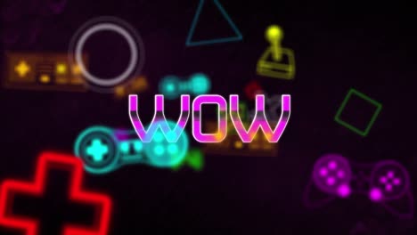 animación del banner de texto wow sobre múltiples iconos de controladores de videojuegos contra un fondo negro