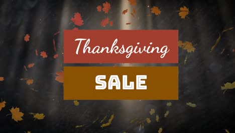 Thanksgiving-sale-text-banner-over-multiple-autumn-maples-leaves-falling-against-tall-trees