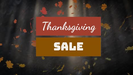 thanksgiving sale text banner over multiple autumn maples leaves falling against tall trees