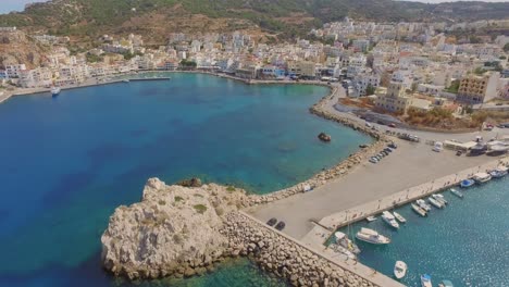 aerial: view of the harbour and city of karpathos