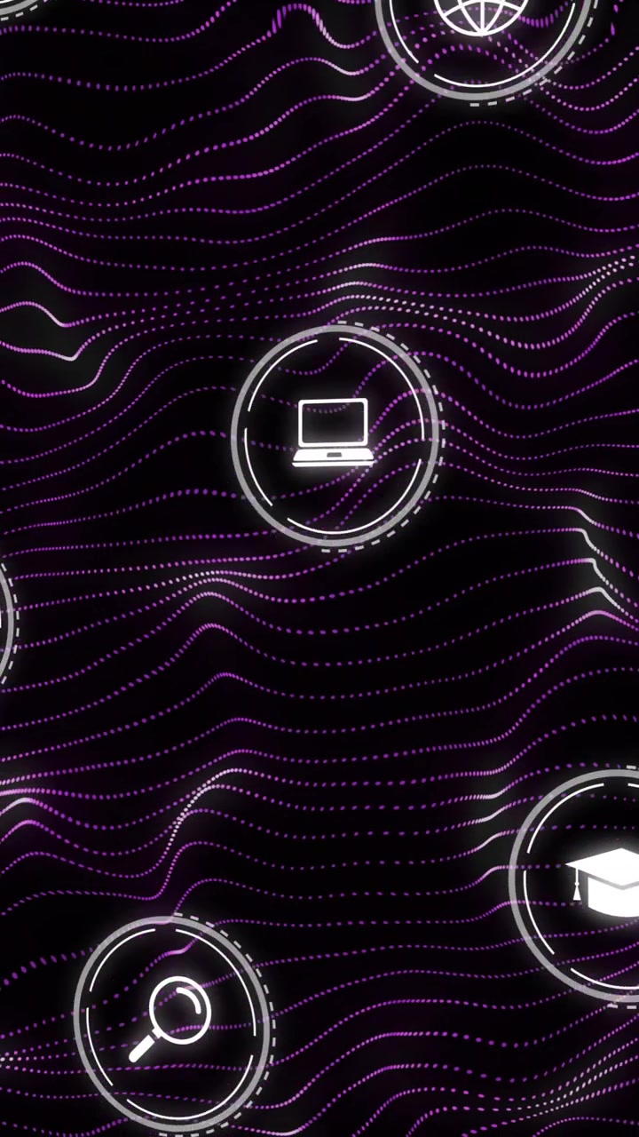 Animazione di una rete di icone digitali su sfondo nero