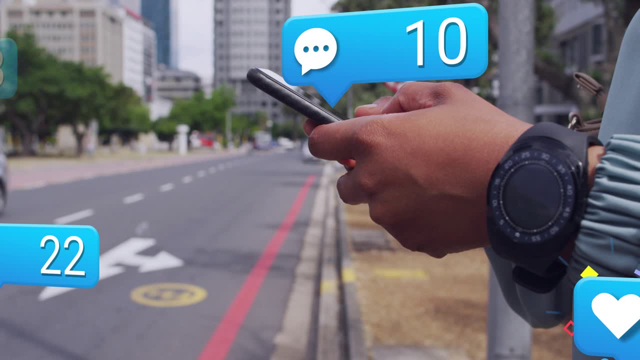 Woman tapping phone at curb as social alerts appear over phone, rise with confetti, checking stats