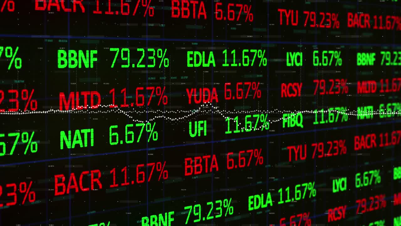 Animazione di elaborazione dati di borsa su rete a griglia su sfondo nero