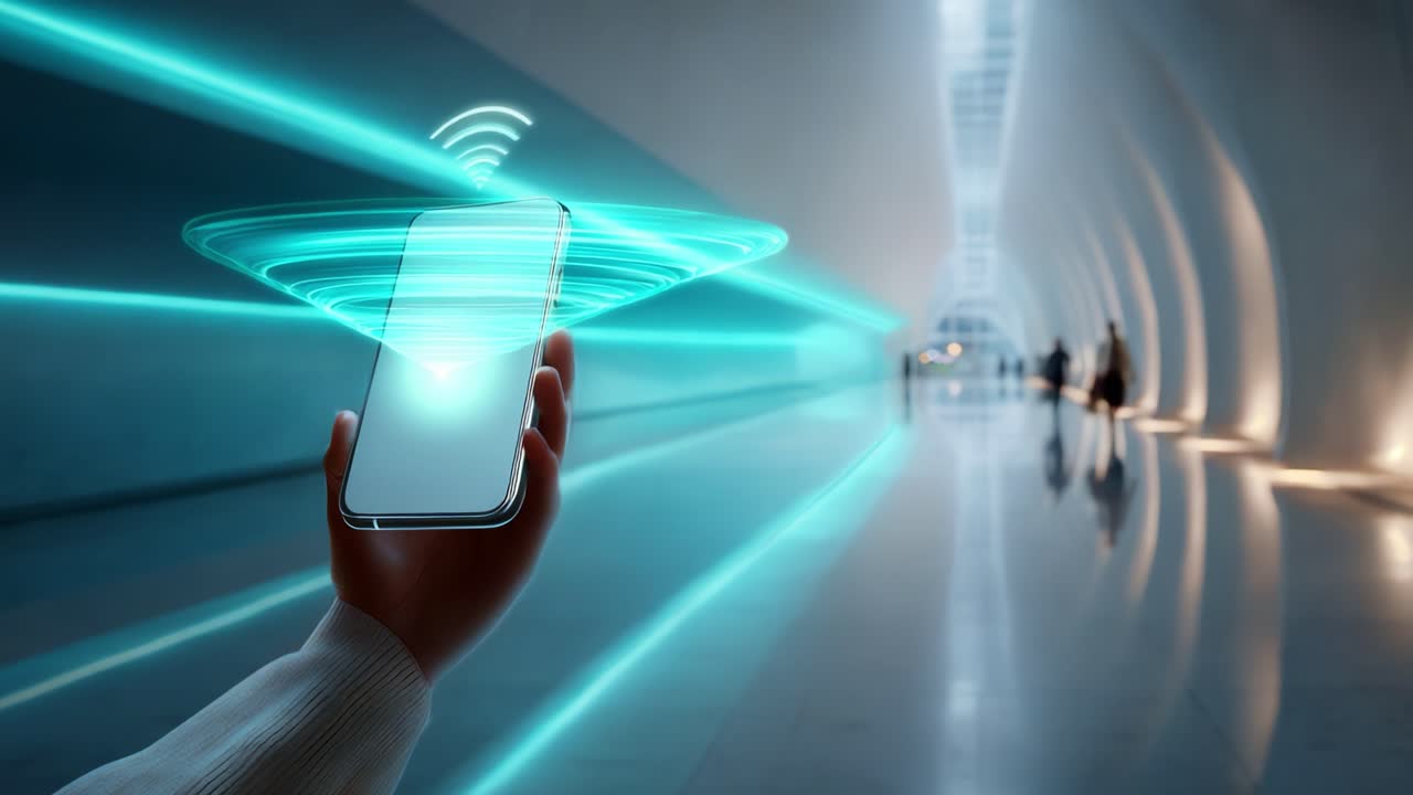A person holds a smartphone emitting futuristic energy waves in a sleek, modern hallway, showcasing advanced technology and seamless connectivity in an urban environment