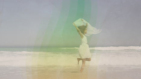running on beach, woman in white dress with colorful animation overlay