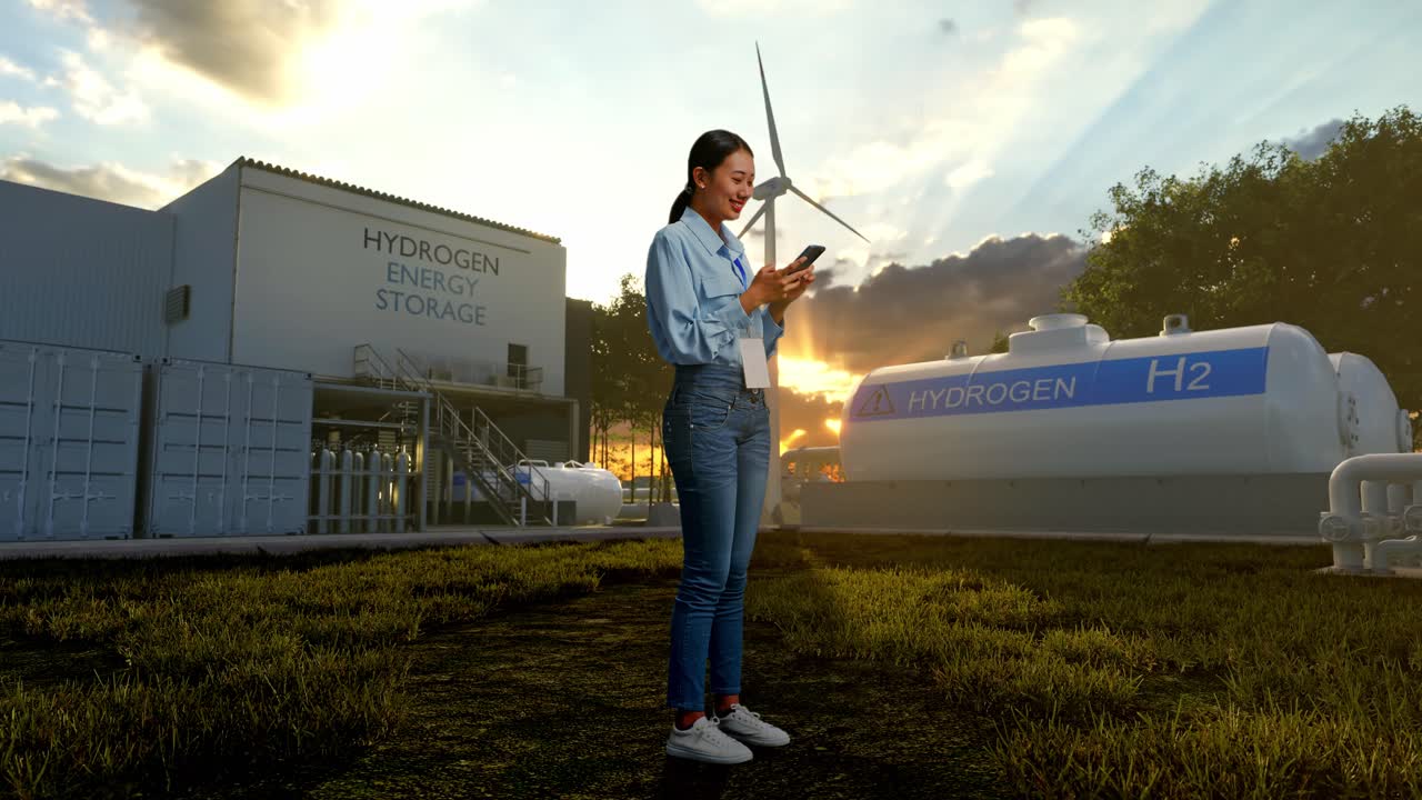 vista lateral completa del cuerpo de una trabajadora profesional asiática de pie con su teléfono en la fábrica de hidrógeno verde, instalación industrial de alta tecnología, trabajando continuamente con su teléfono