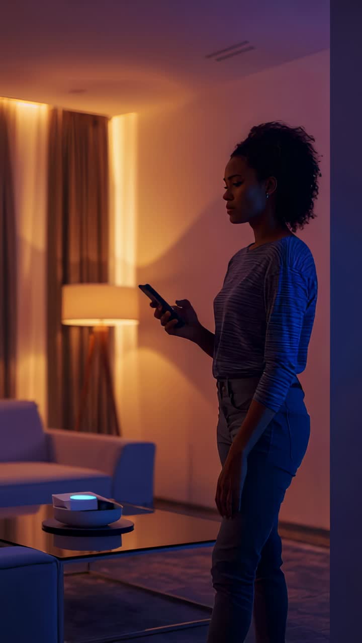 Vertical video: Walking woman in casual checking smartphone on ping at home pausing by glowing dock