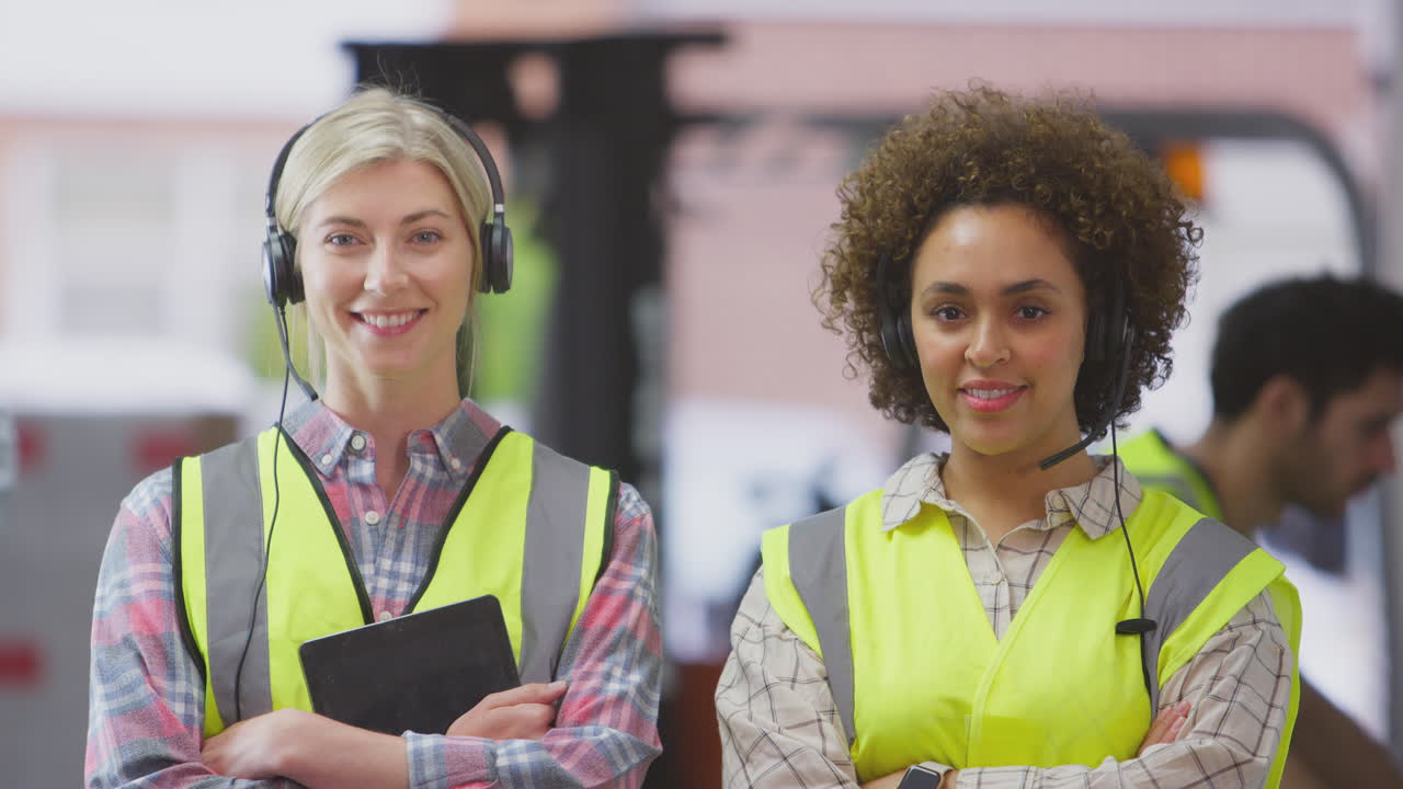 retrato de dos trabajadoras que usan auriculares en un almacén de distribución utilizando una tableta digital