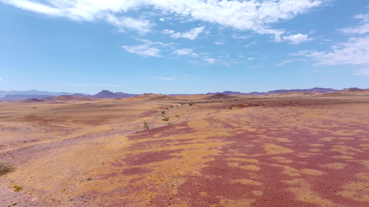 Vista de drone de planícies de grama avermelhada do deserto estendendo-se até montanhas distantes em Damaralândia. Árvores esparsas e grama seca se estendem pelas vastas planícies áridas em direção a distantes montanhas de mesa azuis