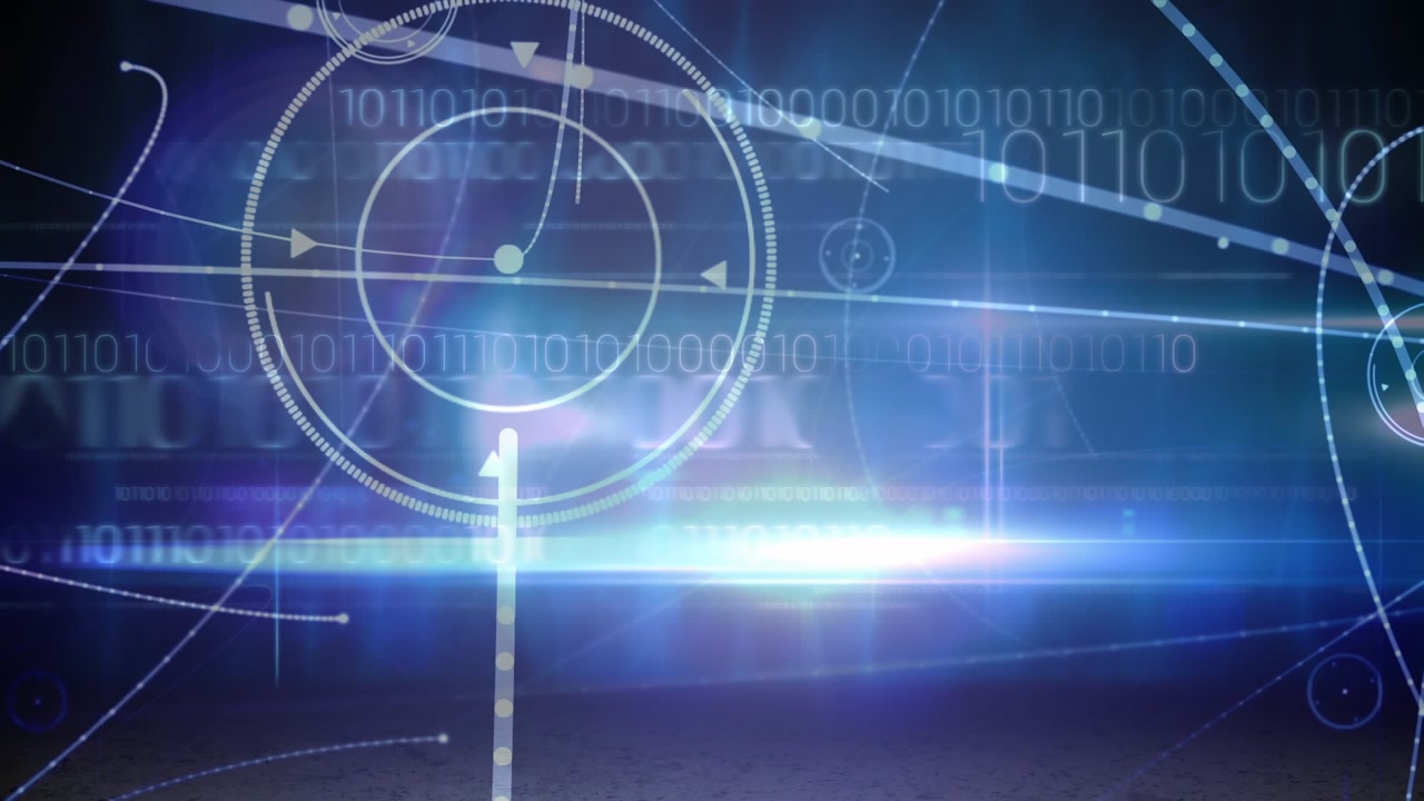 Animation of network of connections and binary coding against light trail on blue background