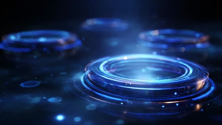A mesmerizing transformation of luminous rings in a dark environment showcasing an enchanting blend of blue and orange hues, creating a captivating visual impact enhanced by soft glowing effects and radiating light