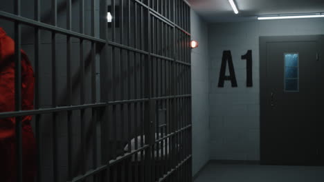 two prisoners stand facing the metal bars in front of prison cells