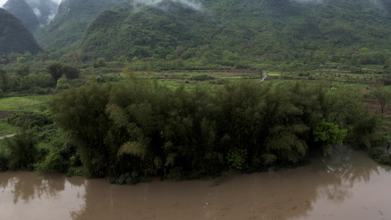 Chinese rural countryside with karst mountains in background, camera tilt reveal