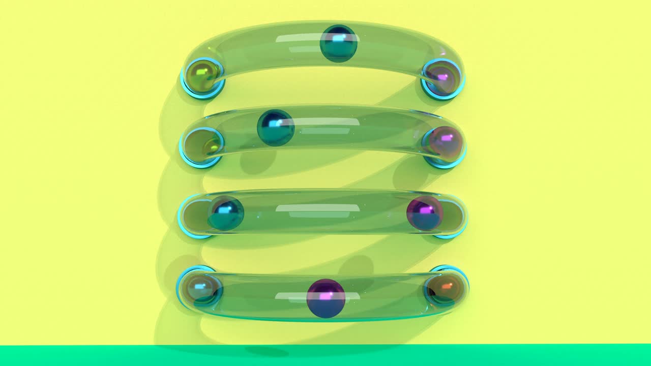 minimal motion graphic intro bolas de metal que corren a través de un tubo de vidrio pared amarilla en estilo 3d capaz de buclear sin costuras 4k