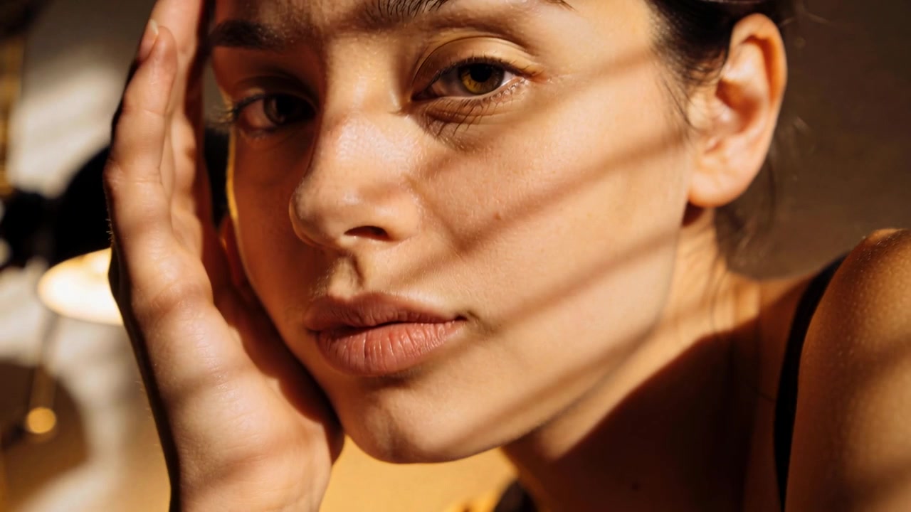 Donna in abito con la mano al mento, che sposta la mano; la telecamera si allontana dalle lamelle della lampada da studio, rivelando uno sguardo pensieroso.