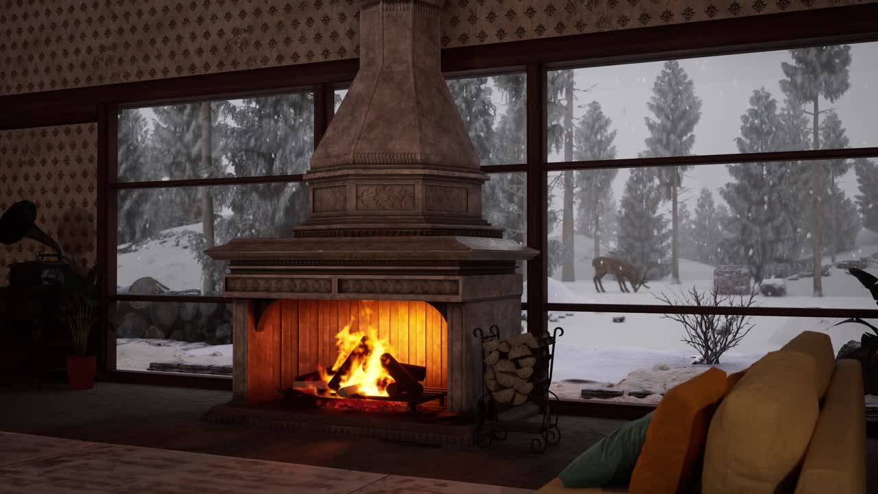 Cozy Winter Cabin Living Room with Fireplace