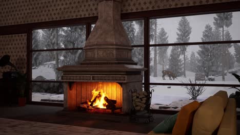 cozy winter cabin living room with fireplace