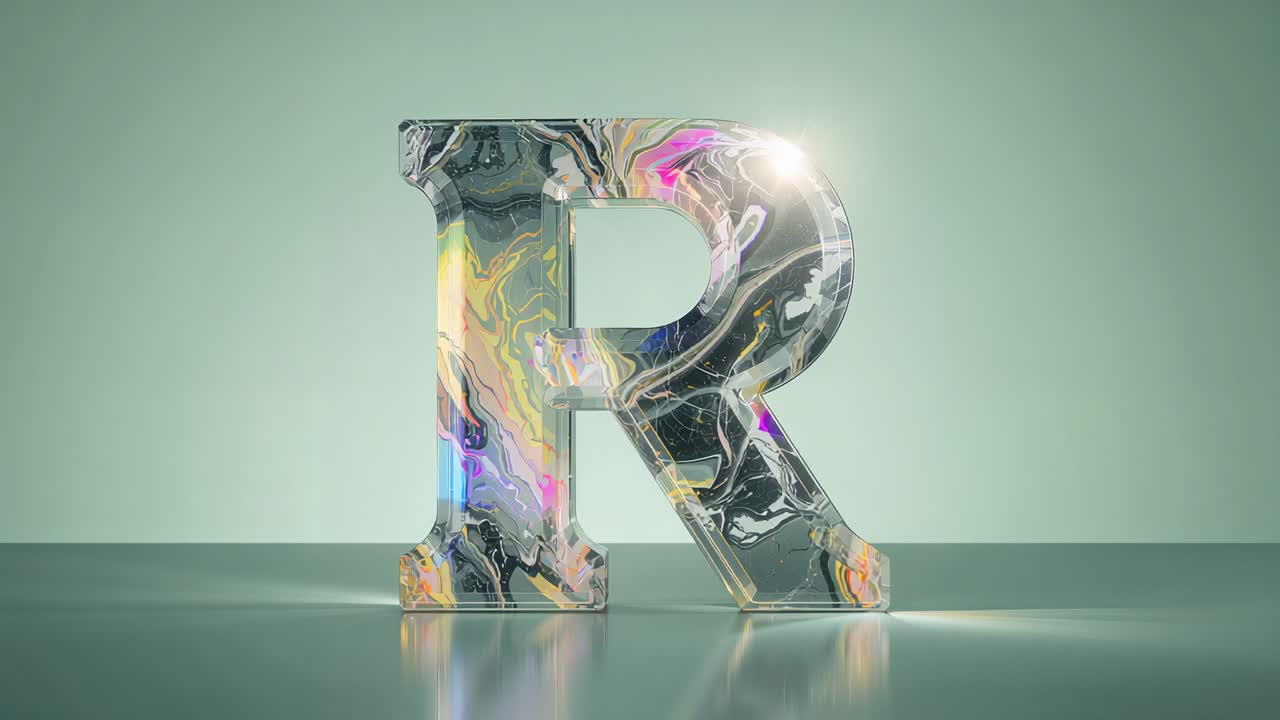 Driving specular reflection along letter R in studio by moving light, revealing marbled interior
