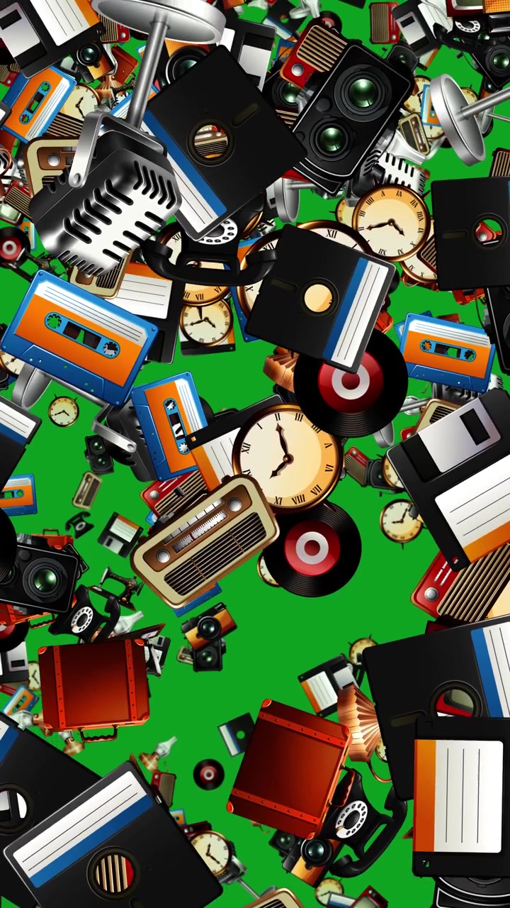Vintage electronics and analog media objects cascade down against a solid green screen background
