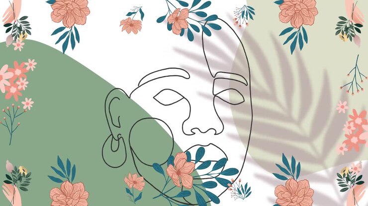 Animation of flowers and face drawing over green and white background