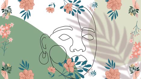 animación de flores y dibujo de rostros sobre fondo verde y blanco